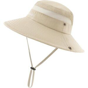 Unisex Beige Soft Polyester Wide Brim Mesh Vent Chin Strap Classic Cowboy Hat